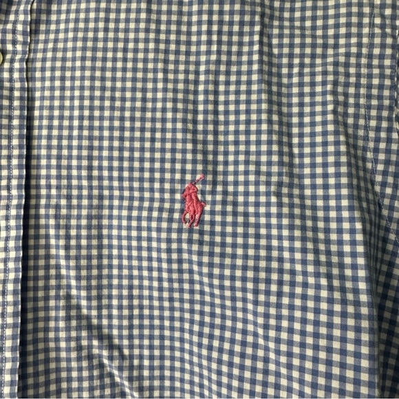 Polo Ralph Lauren Mens M Blue Gingham Check Long Sleeve Button Down Pink Logo - Picture 4 of 7